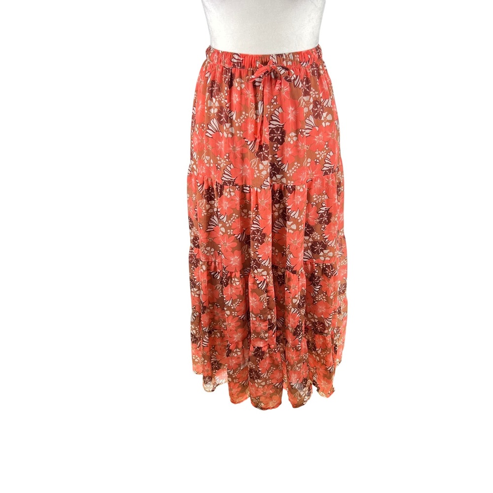 Aerie Womens Floral Tiered Maxi Skirt‎ Coral Terracotta Boho Elastic Waist L